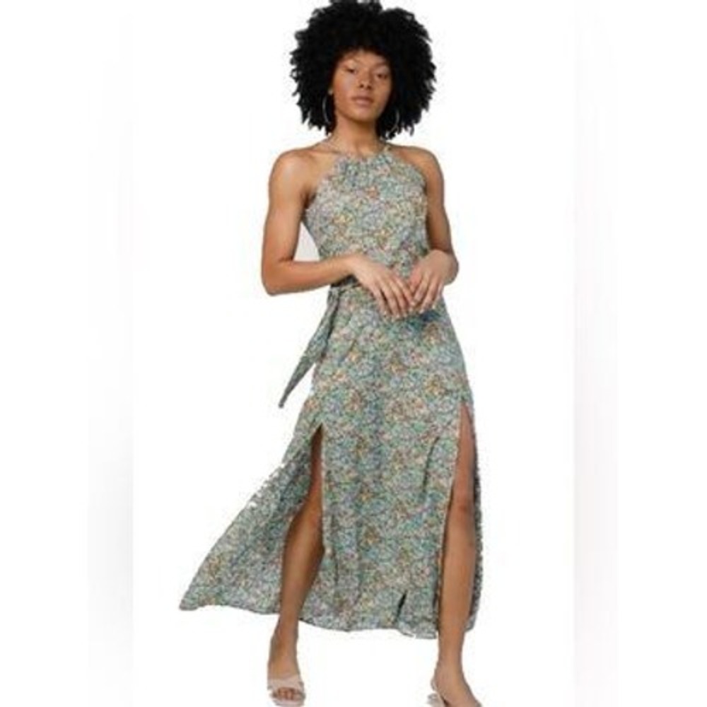 Silk &‎ Salt NWT Teal Floral Halter Maxi Dress Tie Waist Double Slit Medium